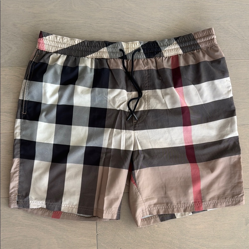 Burberry Men's Plaid Swim Trunks - Black, White, Red, Tan